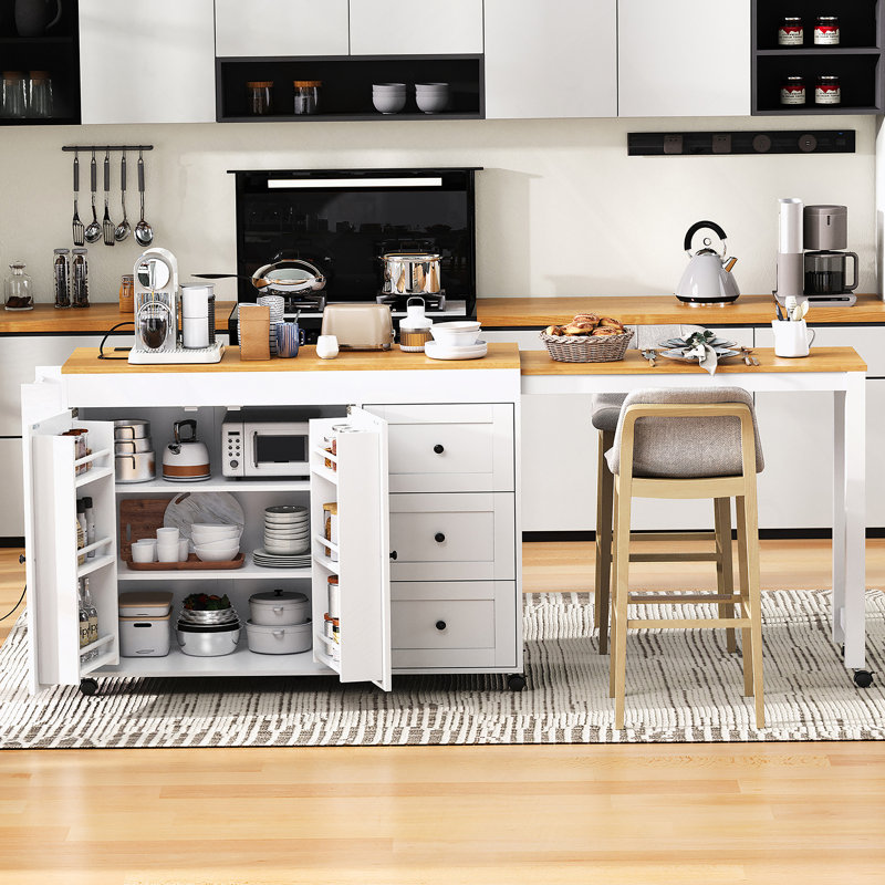 74.8" Kitchen Island With Extendable Dining Table, Kitchen Storage Cart With 3 Drawers, Power Outlet, Rolling Kitchen Island On Wheels With Spice Rack And 2 Door Cabinet