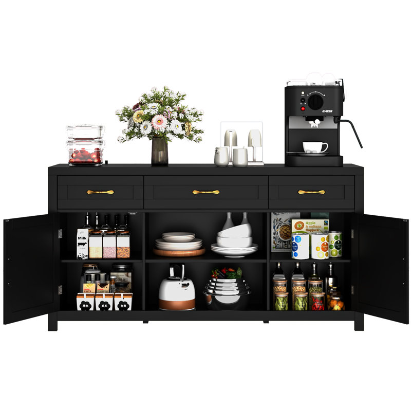 57.9" Sideboard With 3 Drawers, Adjustable Shelf, Black