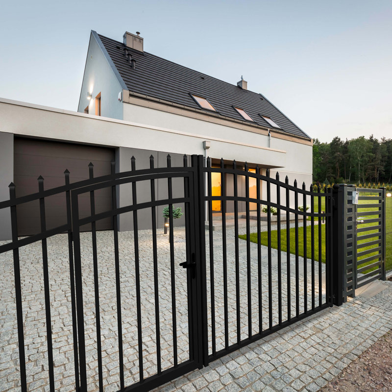 Vienna Style Black Steel Dual Swing Driveway Gate with Pedestrian Door