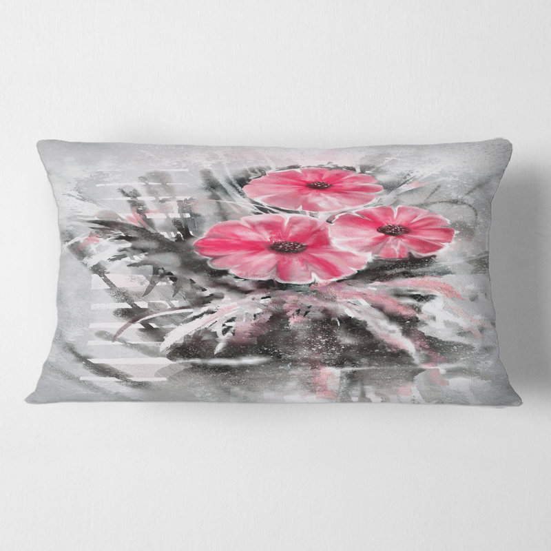 Rectangle, fleurs rouges abstraites sur fond gris - coussin traditionnel imprimé