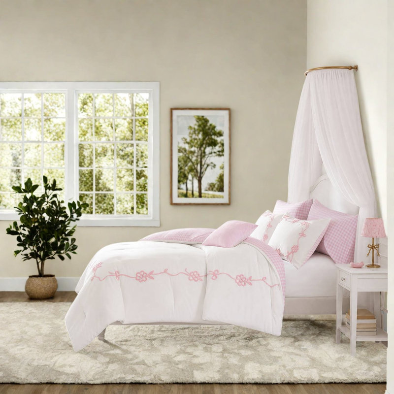 Ensemble de literie pour lit double / grand rose, ensemble d'édredon en microfibre avec nœuds floraux