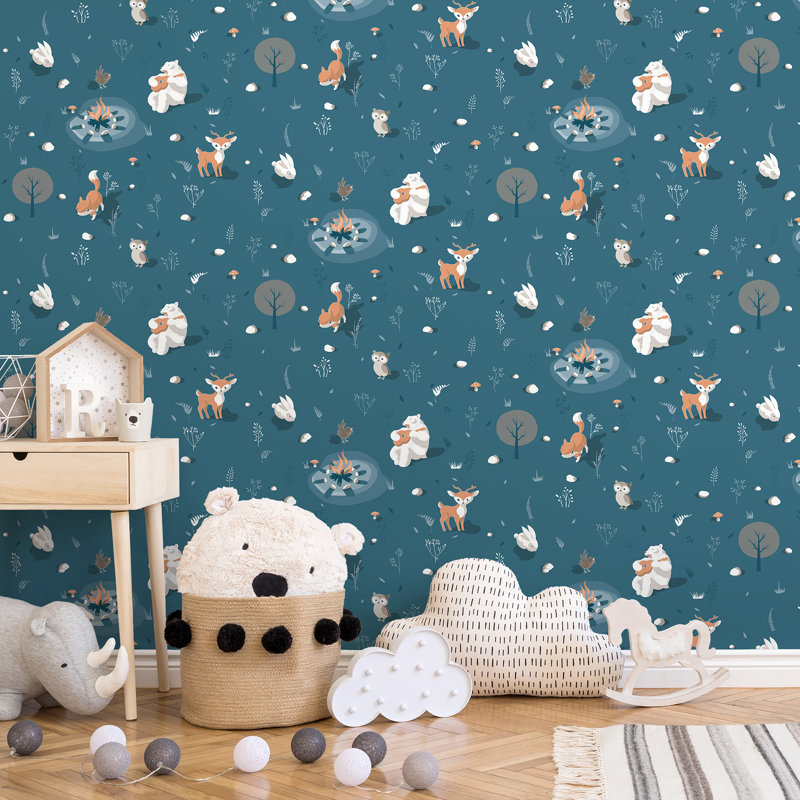 Woodland Friends Blue Wallpaper, Blue