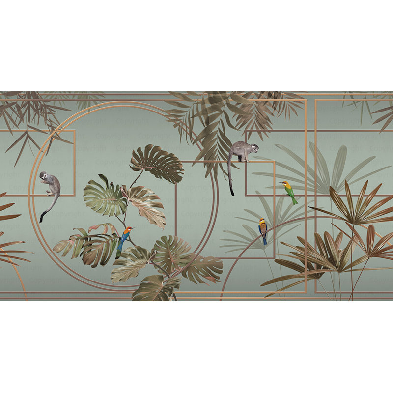 Papier peint moderne avec jungle tropicale moderne avec des singes et des oiseaux exotiques, Brun, L 110,04 po x l 204 po