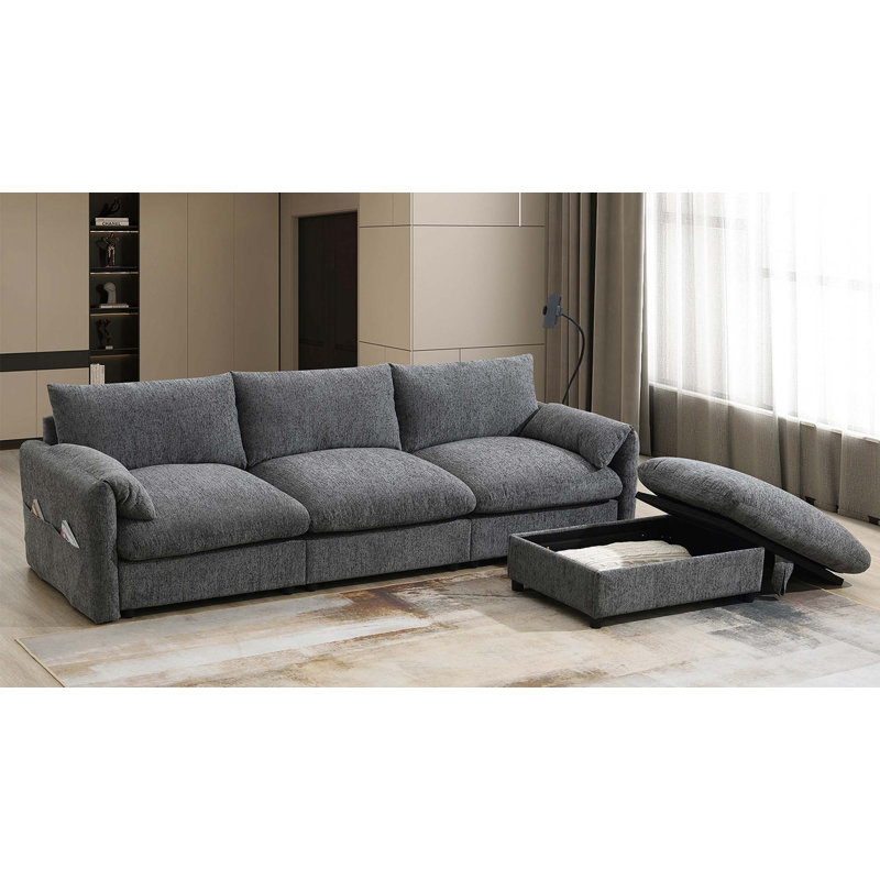 96.5'' Chenille Sectional Sofa with Storage Ottoman and Pockets,Adjustable Phone Holder,Wide Seat,4 Seat L Shaped Couch Set,Comfy Sofa with USB Charger for Living Room,Apartment