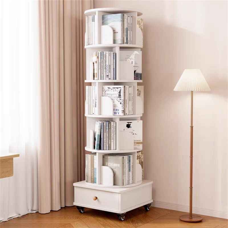 Bibliothèque rotative avec tiroir, (5 tablettes) H 68,89 po x l 18,11 po x P 18,11 po, Blanc