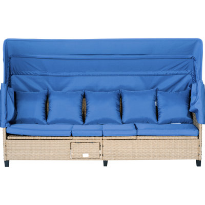 4 sièges d'extérieur, bleu, à baldaquin et naturel tissé en résine à l'épreuve des pièces avec terrasse rétractable compacte pour un espace limité, table de levage à sièges hautement réglables
