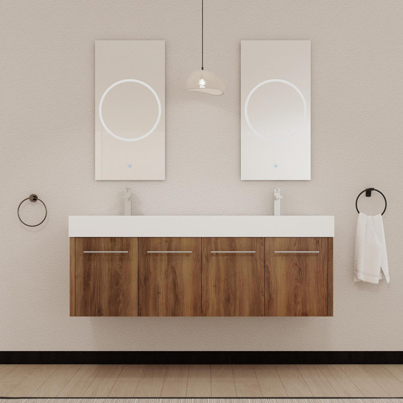 Meuble-lavabo mural 60 po avec lavabo, lavabo en résine épaisse à double rebord, ensemble KD, Blanc, Brun ébène