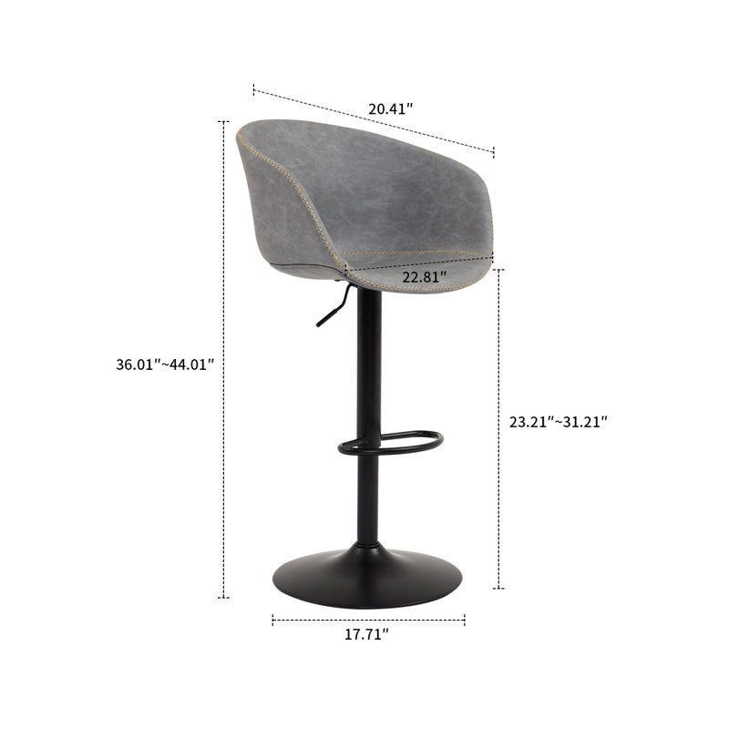 Tabouret de bar rembourré en polyuréthane rétro avec fonction pivotante à 360 degrés et fonction réglable en hauteur, Grey