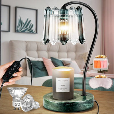 Lampe bougie chauffe-plat avec minuterie et gradateur - Base en marbre vert avec abat-jour en verre rétro.