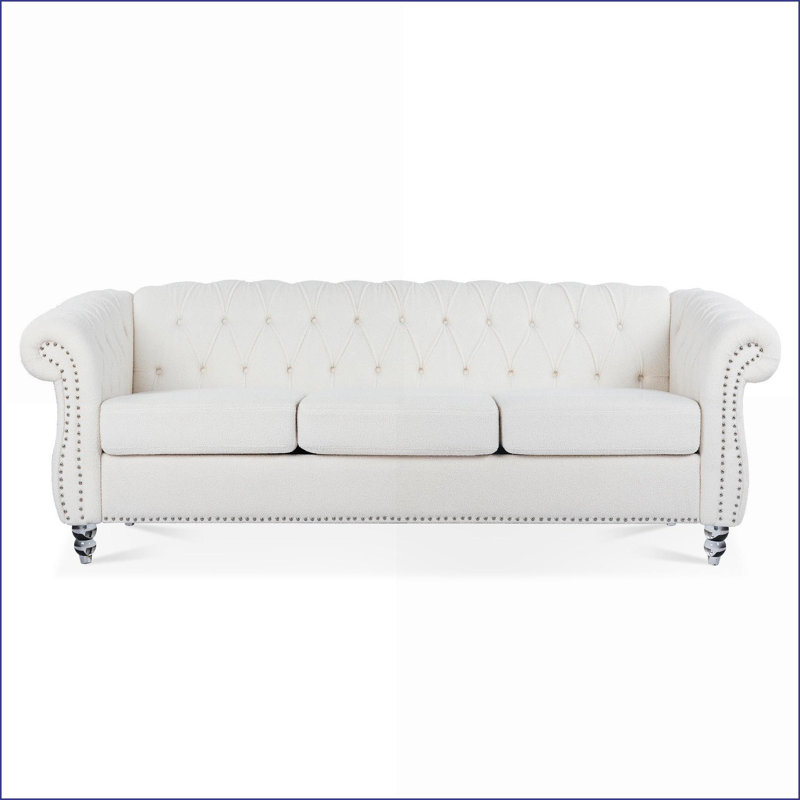 Canapés | Canapé Chesterfield 84,65 po à accoudoirs roulés 3 pièces | Ivoire | Polyester