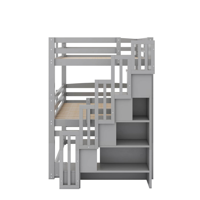 Lit superposé triple double avec escalier de rangement, Gris