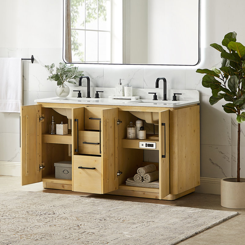Meuble-lavabo double 60 po Iberia en brun naturel avec grain de pierre blanc