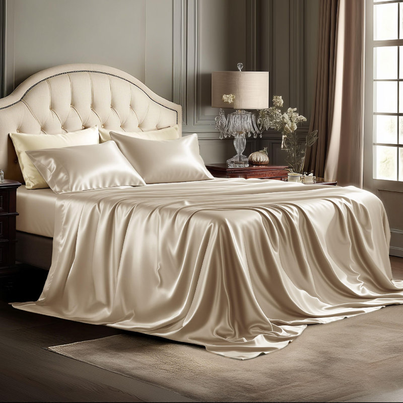 Bedsure Satin Sheet Set King Size - 4 Piece Silky Bedsheets with 15" Deep Pocket (King, Khaki), King, Macadamia