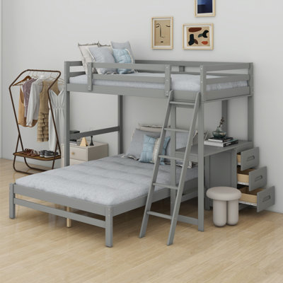 Twin Over Full Size Bunk Bed With Desk And 3 Storage Drawers, Solid Wood Bunk Bed Frame For Kids Teens Adults