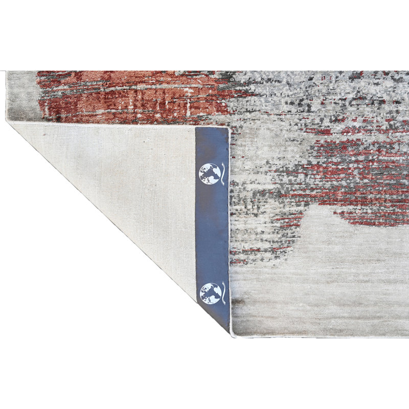 Hand Knotted Abstract Area Rug in Gray/Black/Red, Rectangle 8' x 10'
