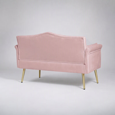 Canapé 2 places contemporain en velours rose avec design capitonné et pieds en métal doré, parfait pour les petits espaces