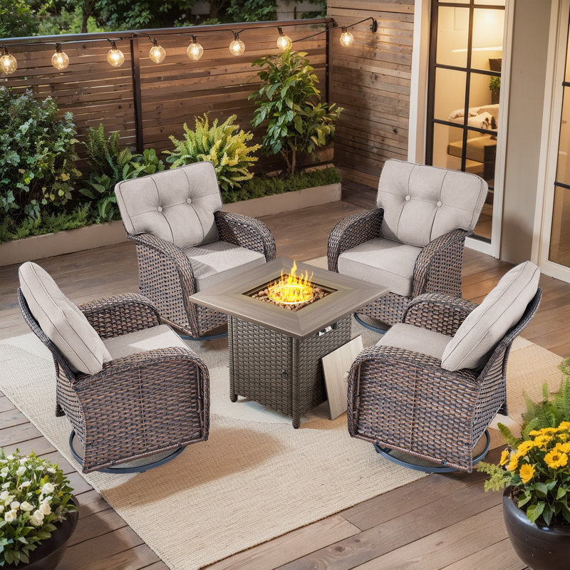 Fiorillo 4-Person Swivel Wicker Rattan Seating Group With Cushions And Square Fire Pit Table, Beige
