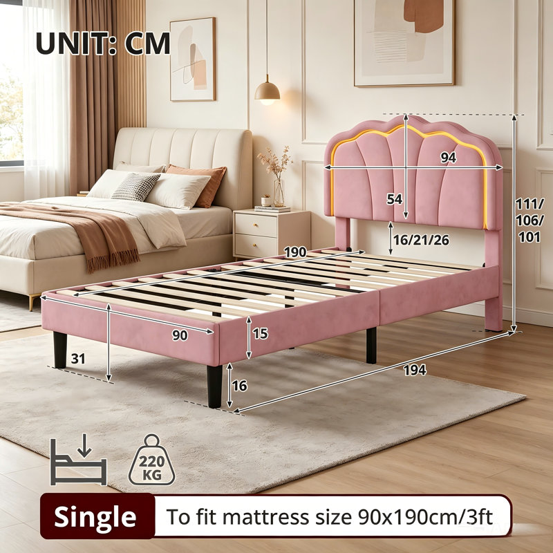 3ft Single Upholstered Bed Frame, Pink Velvet Bed with Adjustable Shell Headboard, RGB LED Lights, Solid Wood Slats, No Box Spring Needed, Easy Assembly, 90x190cm, for Kids Teens Bedroom