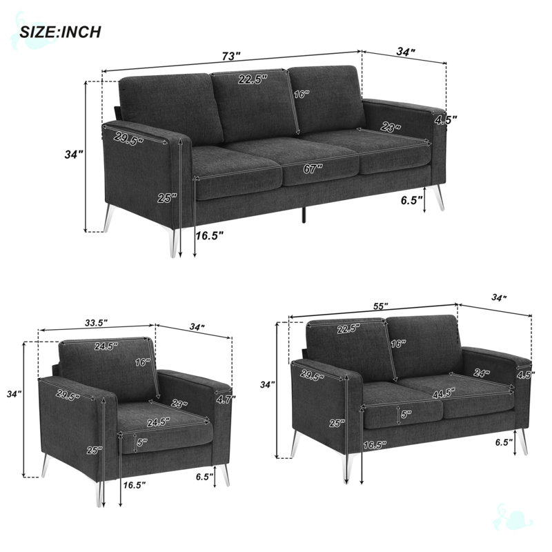 Ensemble de canapés 3 pièces, Tissu gris foncé
