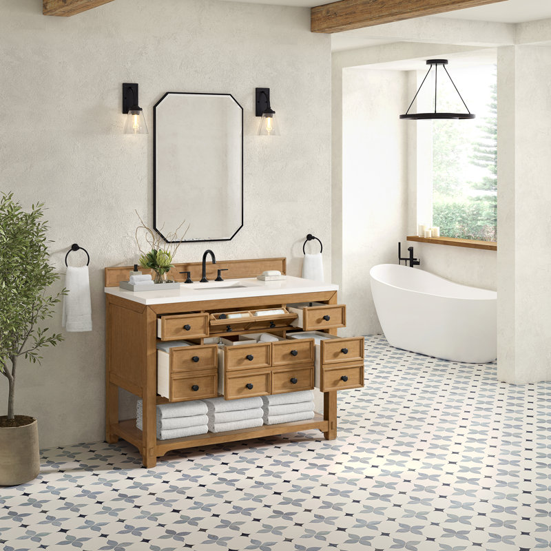 Malibu 48'' W Single Vanity, White Zeus, Widespread, Amber Birch