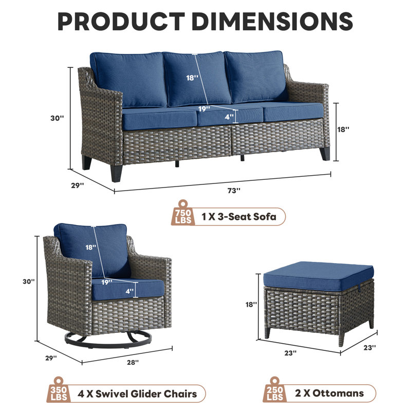 Maelie 7-Piece Patio Conversation Set, Outdoor Sofa With 4 Swivel Gliders And 2 Ottomans, Blue