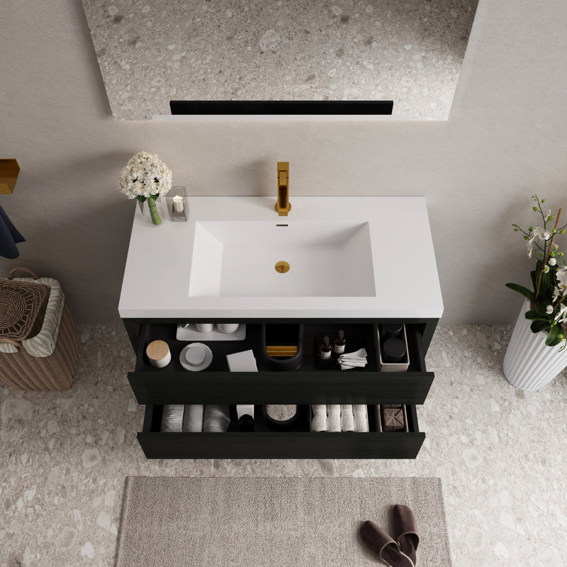 Meuble-lavabo de 107 cm avec lavabo et armoire suspendue, comptoir en résine de pierre, tiroirs à fermeture amortie, bois, préassemblé, lavabo nécessitant peu d'entretien, charnières à ouverture et fermeture en douceur et sécuritaires, fonctionnement silencieux