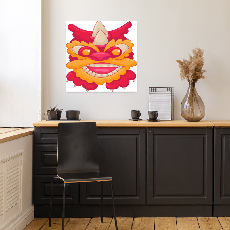 «Festive Dragon Mask», art mural traditionnel mystique et coloré, H 18 po x l 18 po