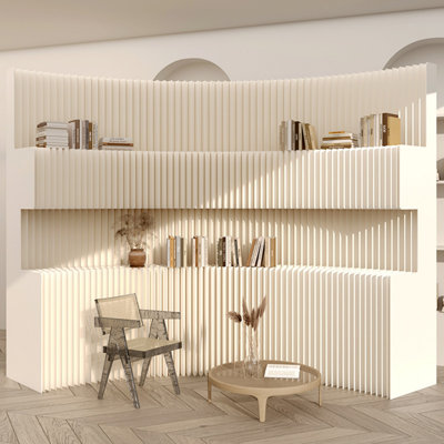 Foldable Freestanding Paper Partition Screen with Storage Shelves, Tool-Free Decorative Background Wall, Versatile Room Divider for Space Separation & Product Display