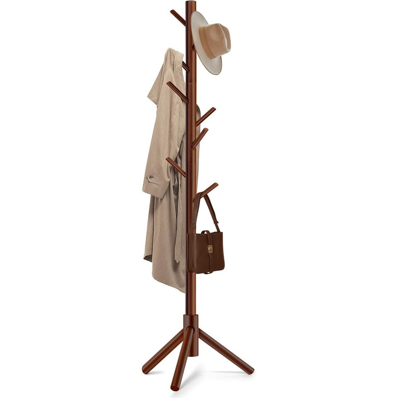 Portemanteau en pin avec 8 crochets et 3 hauteurs réglables pour manteaux, chapeaux, sacs et foulards, organisateur peu encombrant pour vestibule, bureau ou chambre à coucher (brun)