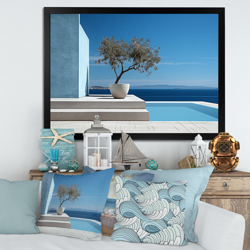 «Grèce Beach House Views Tranquility - Coastal Beach», art mural, H 12 po x l 20 po x P 1 po, Cadre simple noir