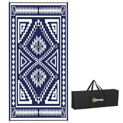 Reversible Outdoor Rug, 9' x 18' Waterproof Plastic Straw Floor Mat, Portable RV Camping Carpet, Large Floor Mat for Backyard, Deck, Picnic, Beach, Blue & White Square Patchwork