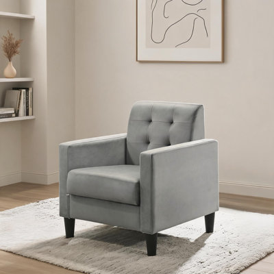 Fauteuil d'appoint capitonné simple 27,5 pouces, revêtement classique en velours gris doux, idéal pour les coins douillets