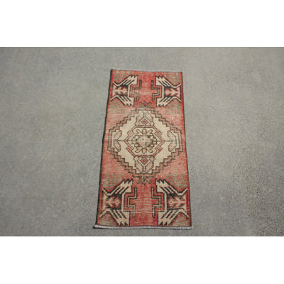 Small Vintage Turkish Oushak Rug Ideal For Entryways Featuring a Red Door Mat Design With Colorful Wool From Turkey Hand Woven In a Retro Nomadic Style