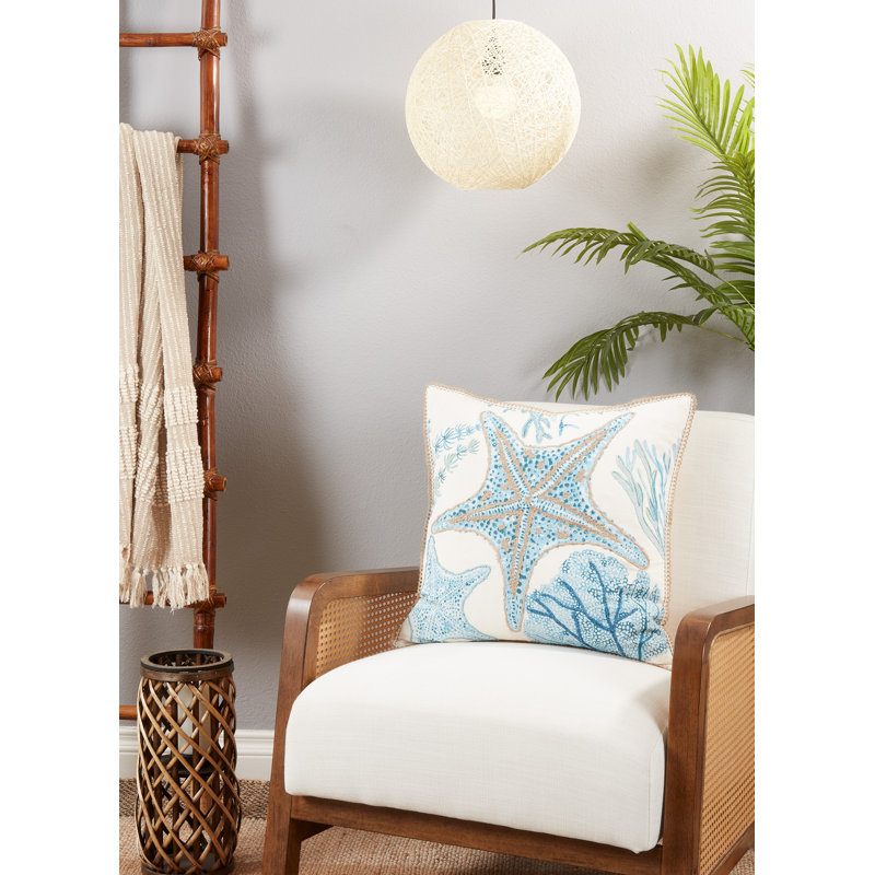 Aqua Blue Cotton Starfish Design 20" Square Throw Pillow Cover