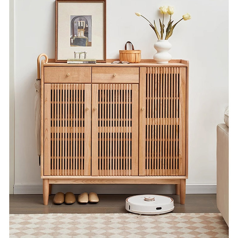 Armoire à chaussures 43,31 po en bois massif avec portes à lattes ventilées, Tanné