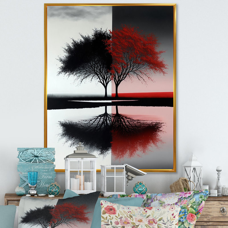 Arbres abstraits rouges et noirs au bord du lac - forêt, art mural, H 20 po x l 12 po x P 1 po, Cadre flottant doré