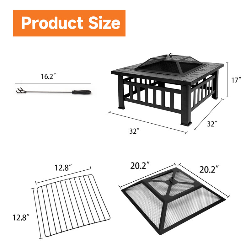 BP4U 32-Inch Outdoor Metal Fire Pit Table, Durable Large Wood Burning Square Fireplace/Firepit with Steel Bowl, Mesh Lid, Poker, and Cover for Patio & Backyard