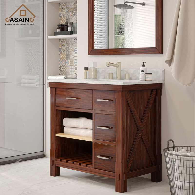 36'' Free-standing Single Bathroom Vanity in Brown with Carrara Marble Vanity Top and Backsplash