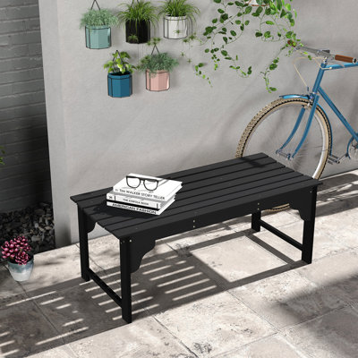 Banc de jardin en bois, banc de parc extérieur avec siège à lattes, banc de véranda sans dossier avec siège incurvé pour véranda, jardin, bord de piscine, terrasse, noir