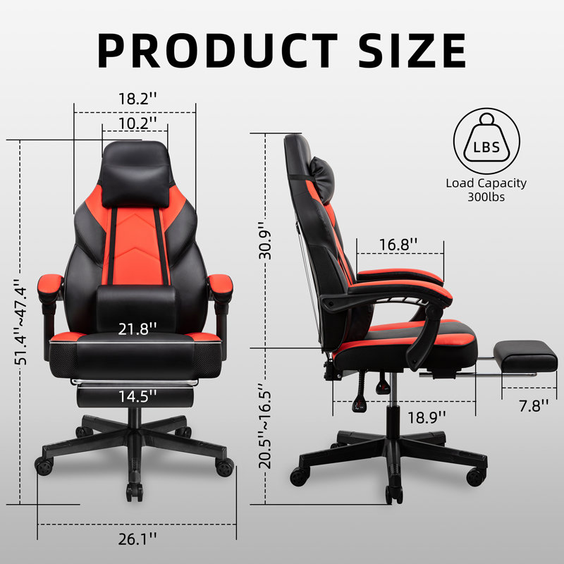 Gaming Chair with Footrest, Ergonomic Chair with Lumbar Support, Red