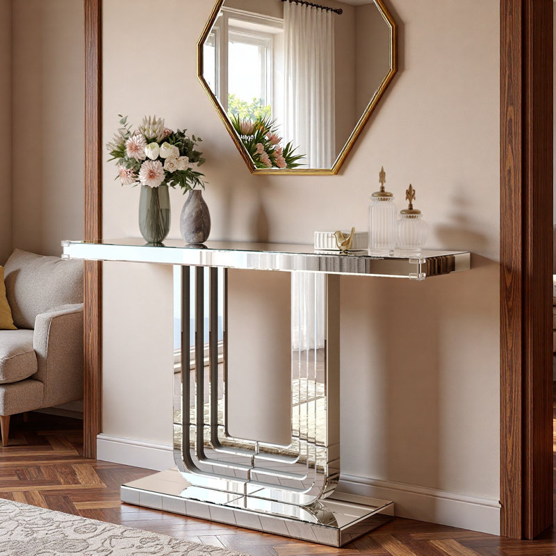 Silver Mirrored Console Table With U Base And Hand-spliced Line Design
