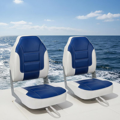 2‑Pack Blue and White High‑Back Folding Boat Seats, Fishing Boat Chairs with Thick Sponge Padding, Hinge & Included Stainless Steel Mounting Screws