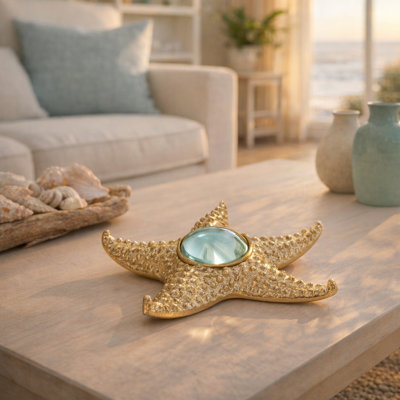 Sculpture décorative en forme d'étoile de mer avec loupe, idéale pour une décoration intérieure de style bord de mer - Objet décoratif en métal et en verre pour le salon - 15 cm, or et transparent