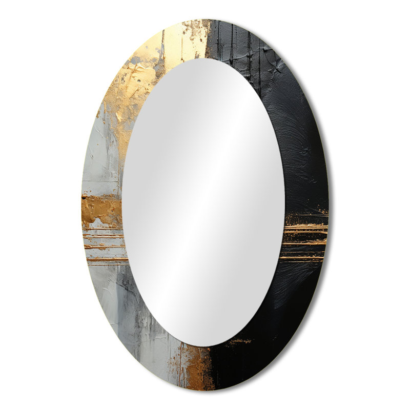 Noir et or abstrait méditation IV - miroir décoratif ovale abstrait sur métal, 36 po x 24 po