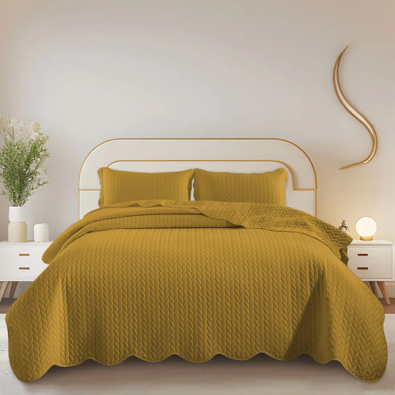 Embossed Quilted Bedspread Set – Soft Microfiber Coverlet With Pillow Shams, Hotel-Style Bedding For High Beds, Ochre