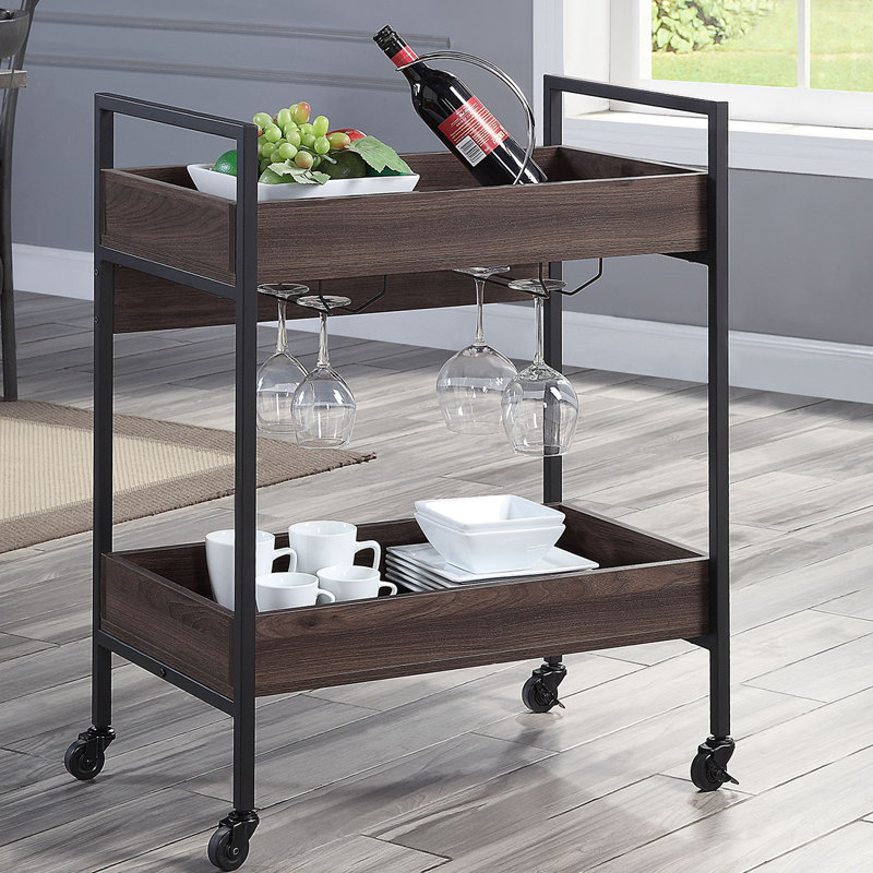 Industrial Serving Cart, Stylish 2-Tier Metal Frame with Wooden Top & Cup Holder, Walnut Finish