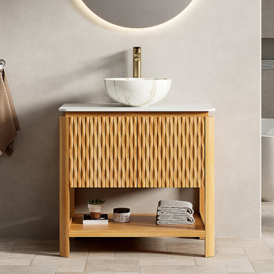 Meuble-lavabo 30 po, meuble de rangement autoportant en contreplaqué avec 2 portes en bambou texturé et tablette ouverte, vasque en céramique et plateau en pierre frittée