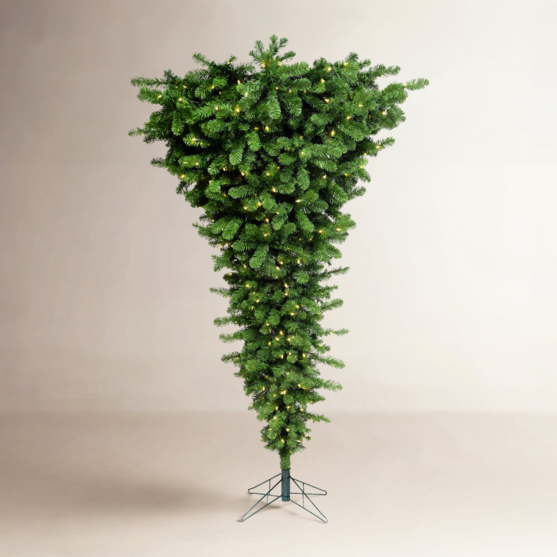 Upside Down Artificial Christmas Tree with LED Warm White Lights with Stand, 9', Green