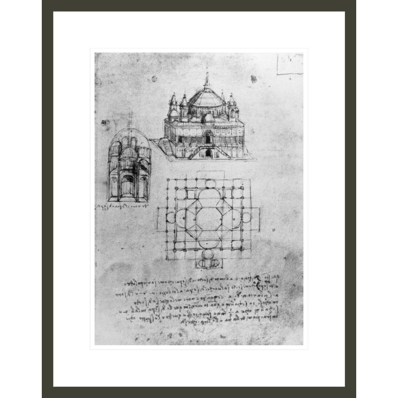 Conception pour une église. «4r (pen & amp; encre sur papier)» par Leonardo Da Vinci, impression giclée encadrée