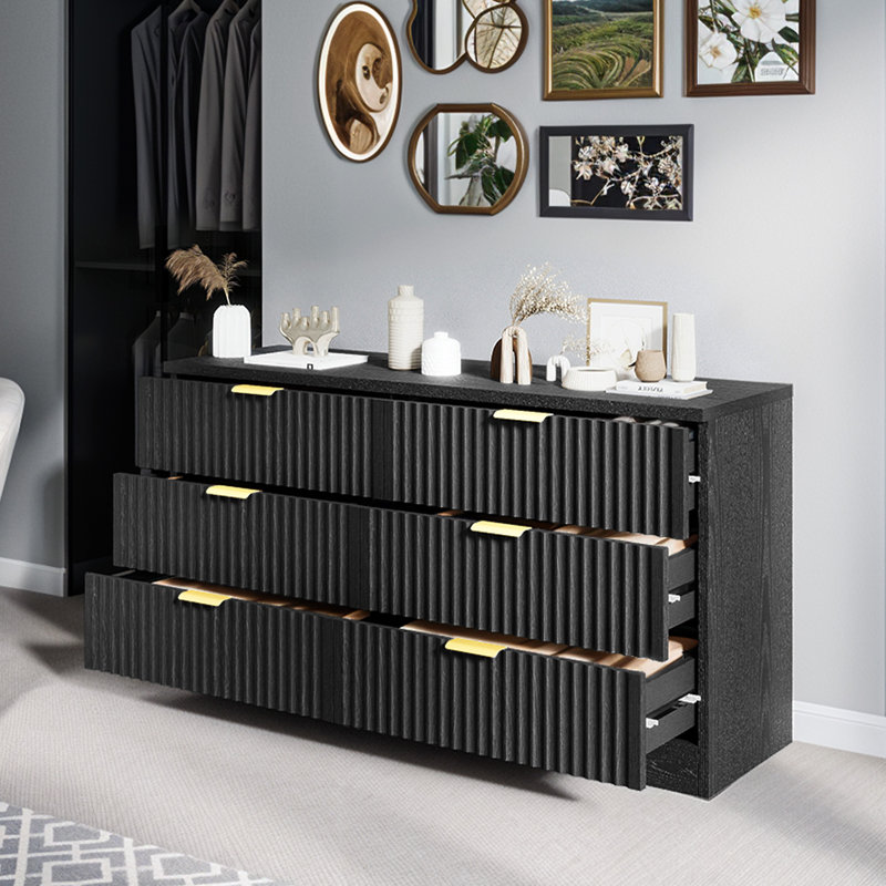 Commode cannelée à 6 tiroirs, commode en bois large avec rangement polyvalent, Noir